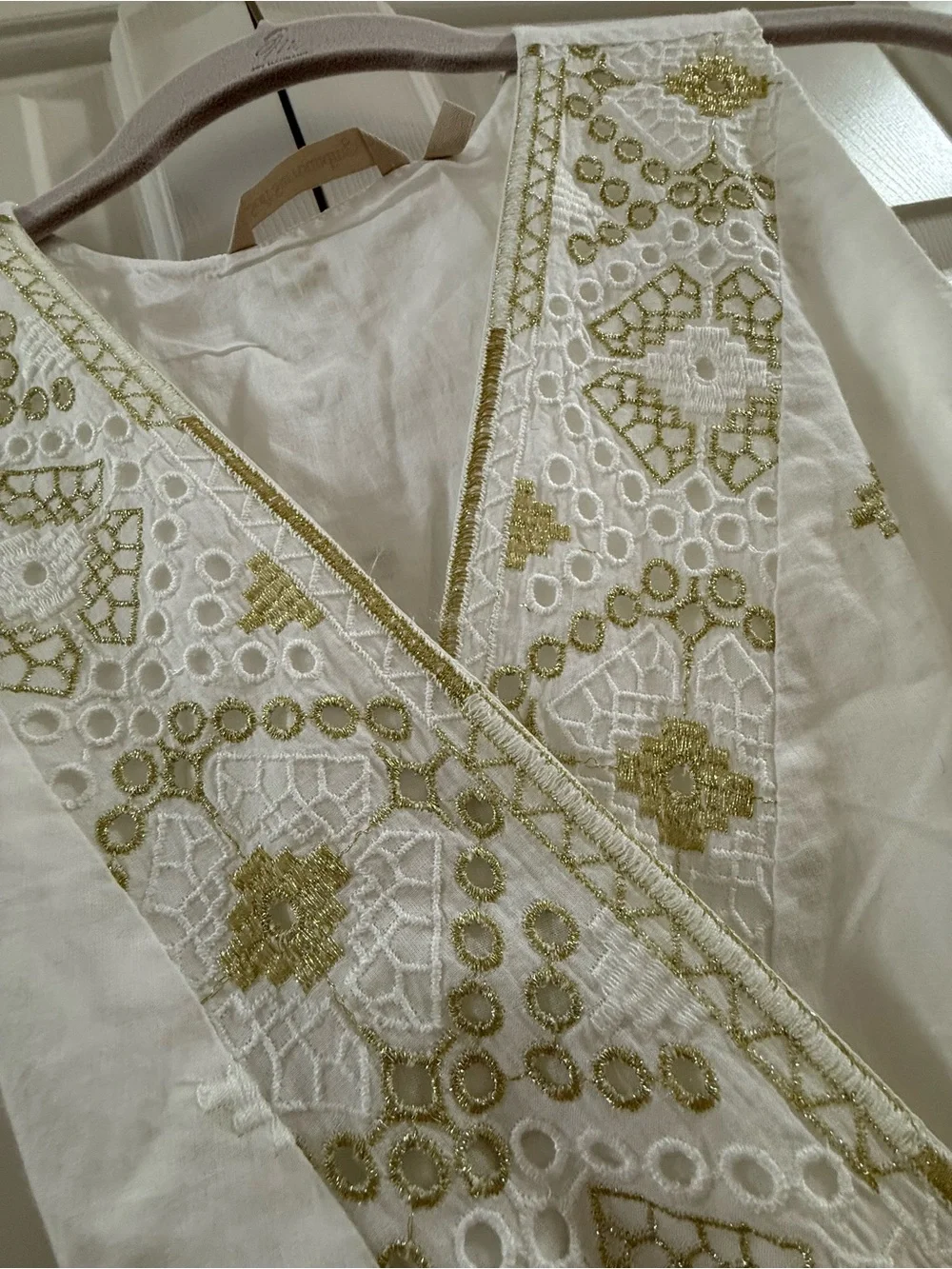 Soft Surroundings PS Petite Small White Gold Embroidered Cotton Midi Dress Boho